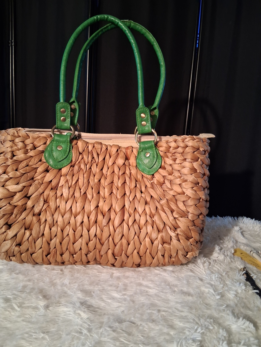 Straw Studios Natural Straw Tote with Green Handles